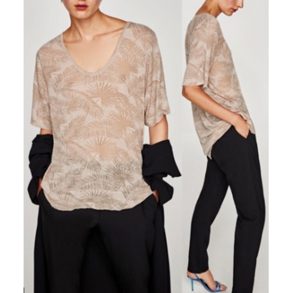 Zara Tan Ribbed Palm Leaf Semi Sheer High Low Top - Picture 3 of 8